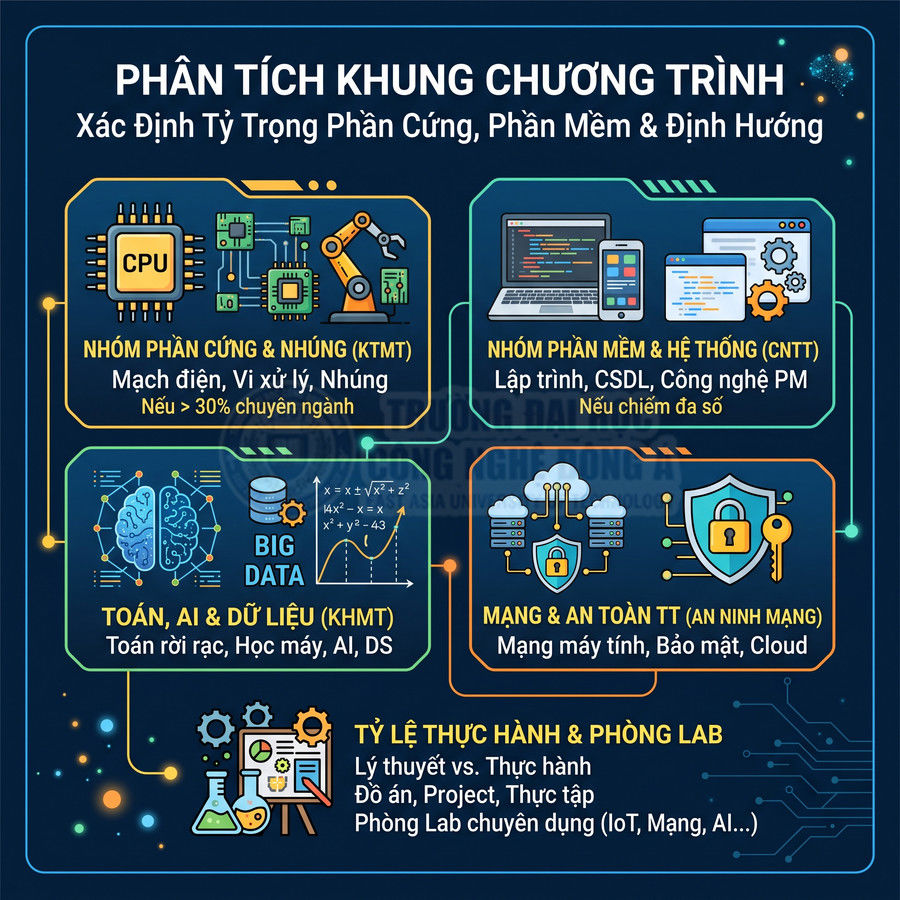 Phân tích khung chương trình công nghệ thông tin với các nhóm phần cứng, phần mềm, AI, dữ liệu và an ninh mạng