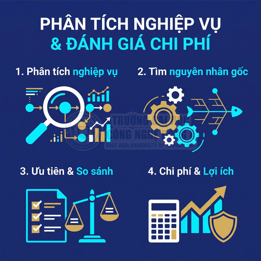 Hình minh họa phân tích nghiệp vụ, tìm nguyên nhân gốc, so sánh ưu tiên và đánh giá chi phí lợi ích