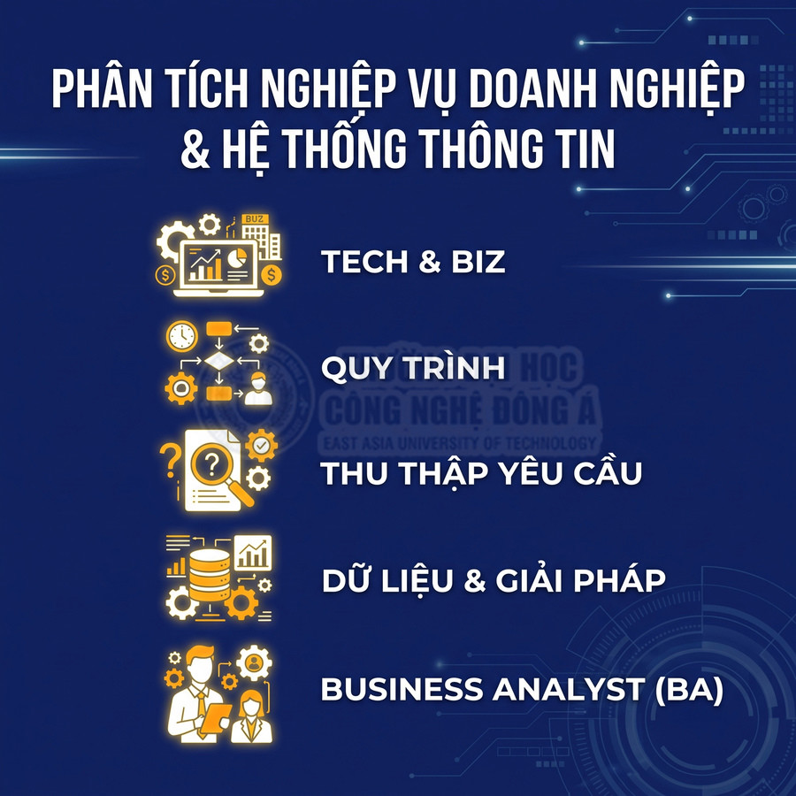 Poster khóa học phân tích nghiệp vụ doanh nghiệp và hệ thống thông tin, nhấn mạnh vai trò business analyst