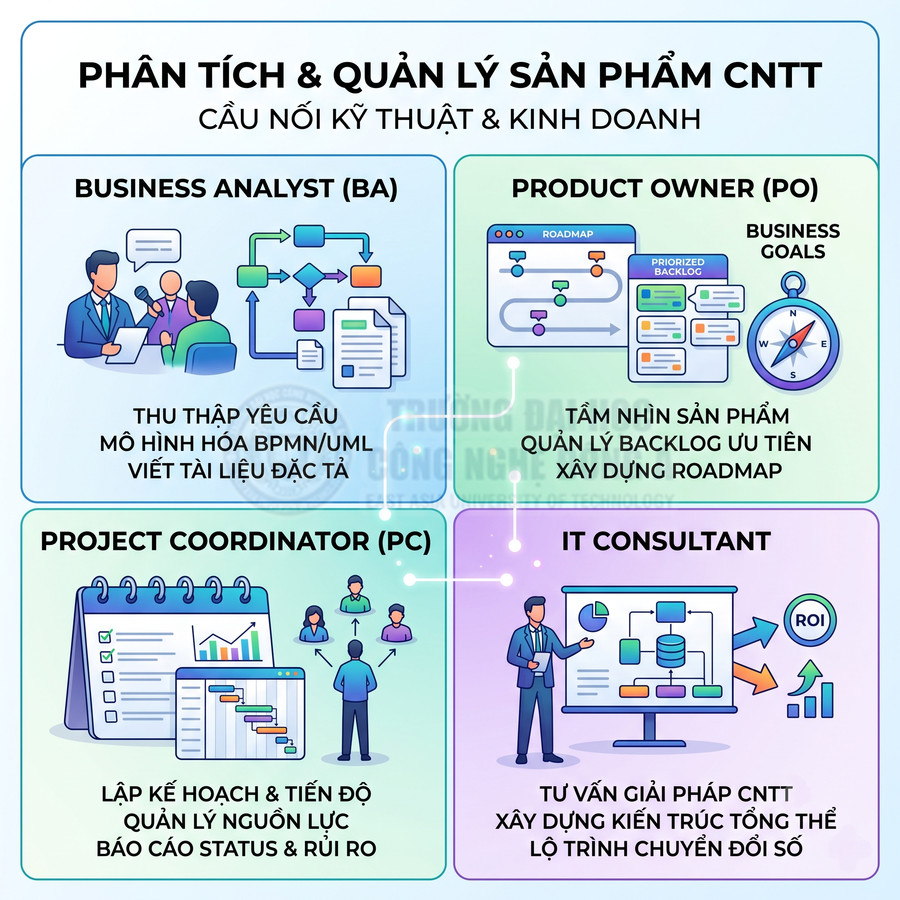 Infographic giới thiệu các vị trí phân tích và quản lý sản phẩm CNTT như BA, PO, Project Coordinator, IT Consultant