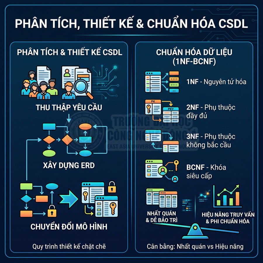 Sơ đồ quy trình phân tích thiết kế và chuẩn hóa cơ sở dữ liệu từ thu thập yêu cầu đến các dạng chuẩn 1NF đến BCNF