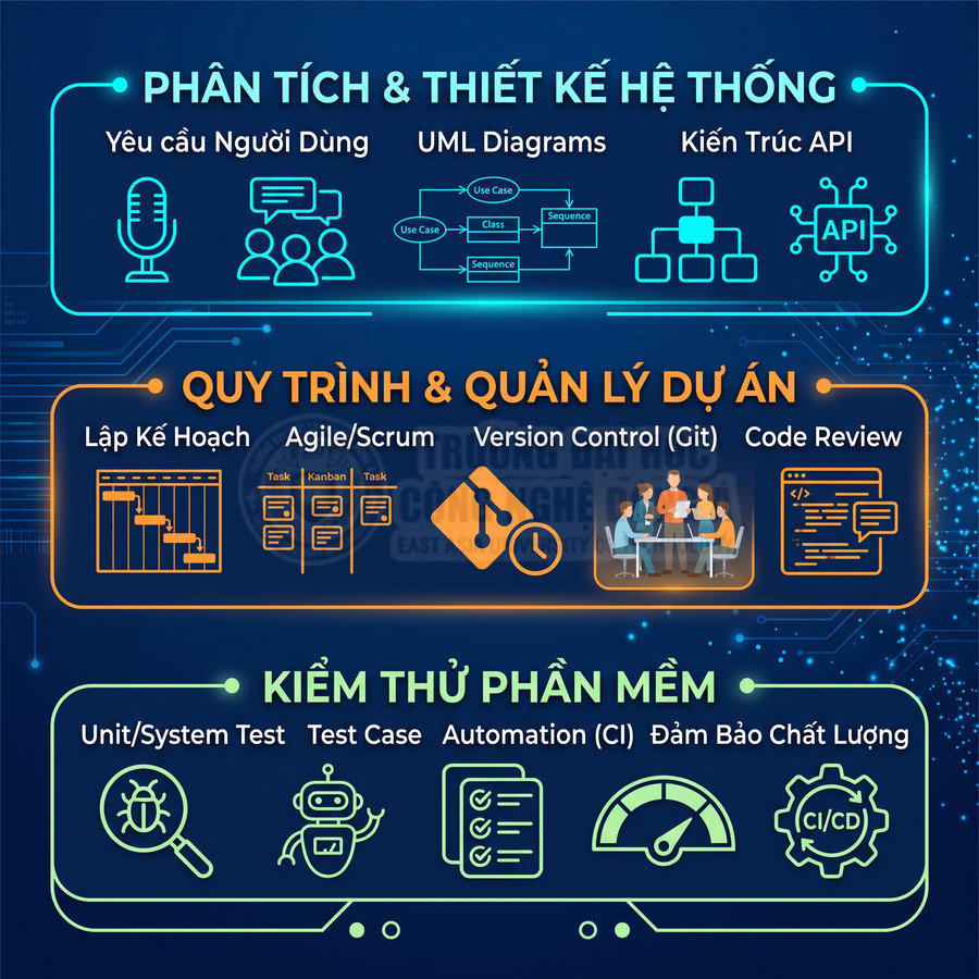 Sơ đồ quy trình phát triển phần mềm gồm phân tích thiết kế hệ thống, quản lý dự án và kiểm thử đảm bảo chất lượng