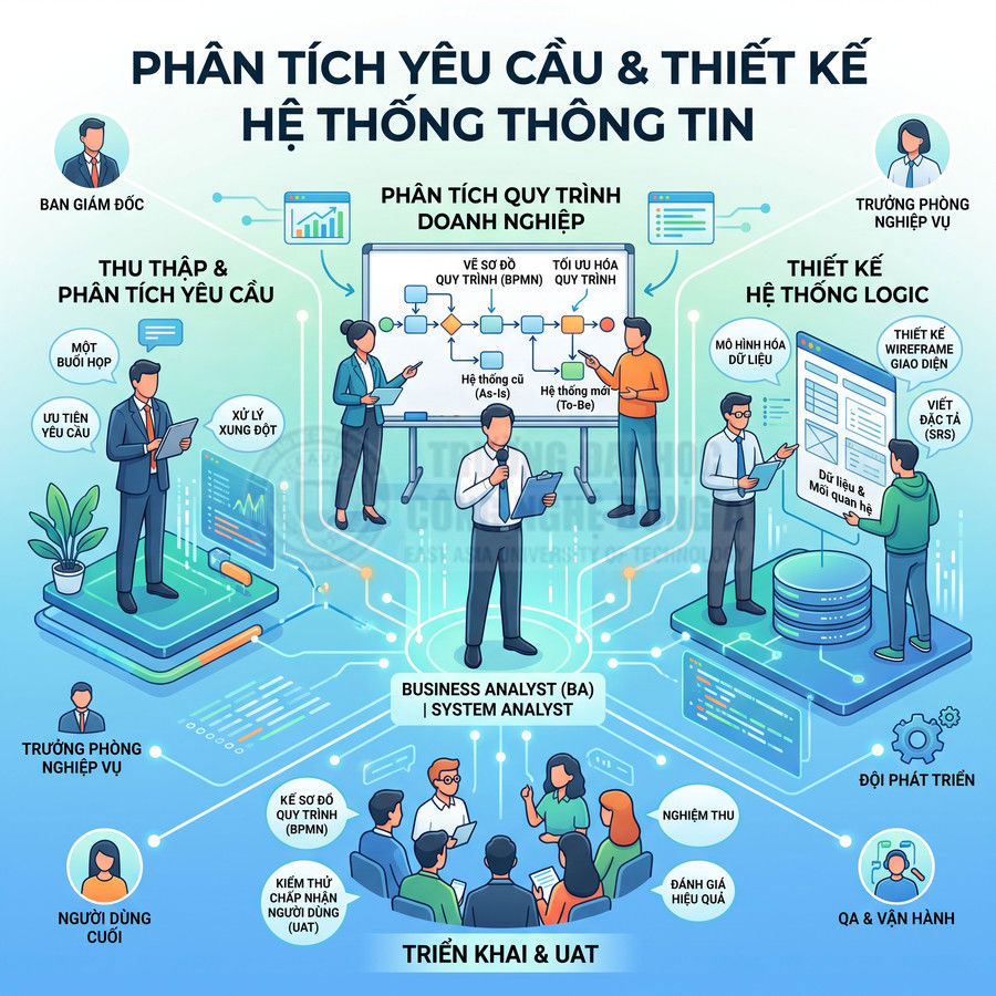 Minh họa quy trình phân tích yêu cầu và thiết kế hệ thống thông tin với vai trò business analyst và đội phát triển