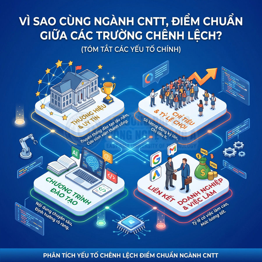 Infographic phân tích lý do chênh lệch điểm chuẩn ngành CNTT giữa các trường đại học Việt Nam