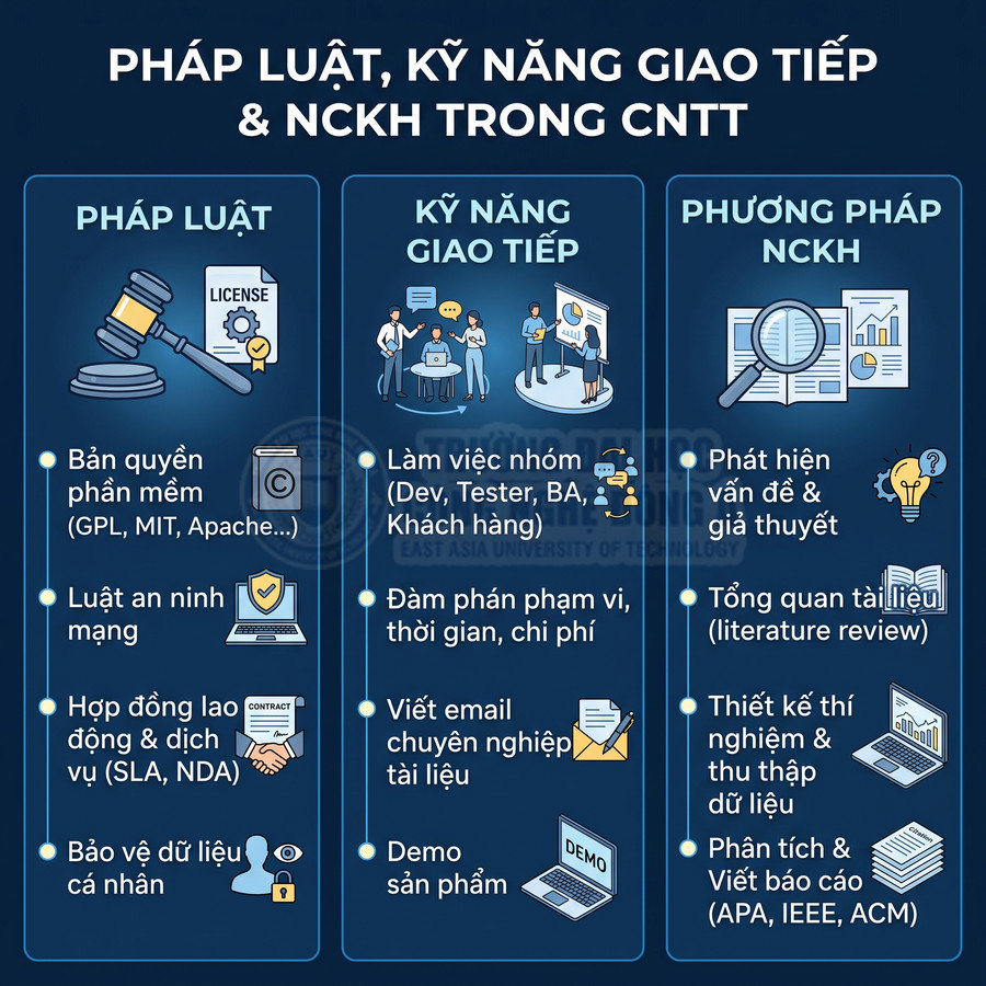 Infographic pháp luật kỹ năng giao tiếp và phương pháp nghiên cứu khoa học trong ngành công nghệ thông tin