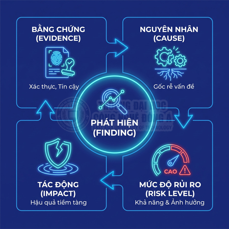 Các yếu tố đánh giá phát hiện gồm bằng chứng, nguyên nhân, tác động và mức độ rủi ro cao.