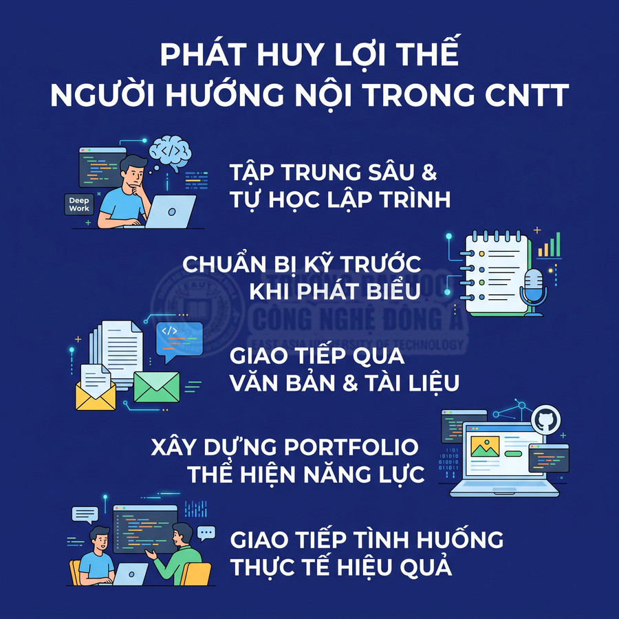 Infographic phát huy lợi thế người hướng nội trong ngành CNTT với các kỹ năng học lập trình và giao tiếp hiệu quả