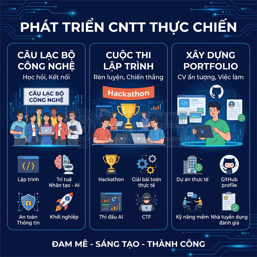 Poster giới thiệu chương trình phát triển CNTT thực chiến với câu lạc bộ công nghệ, cuộc thi lập trình và xây dựng portfolio