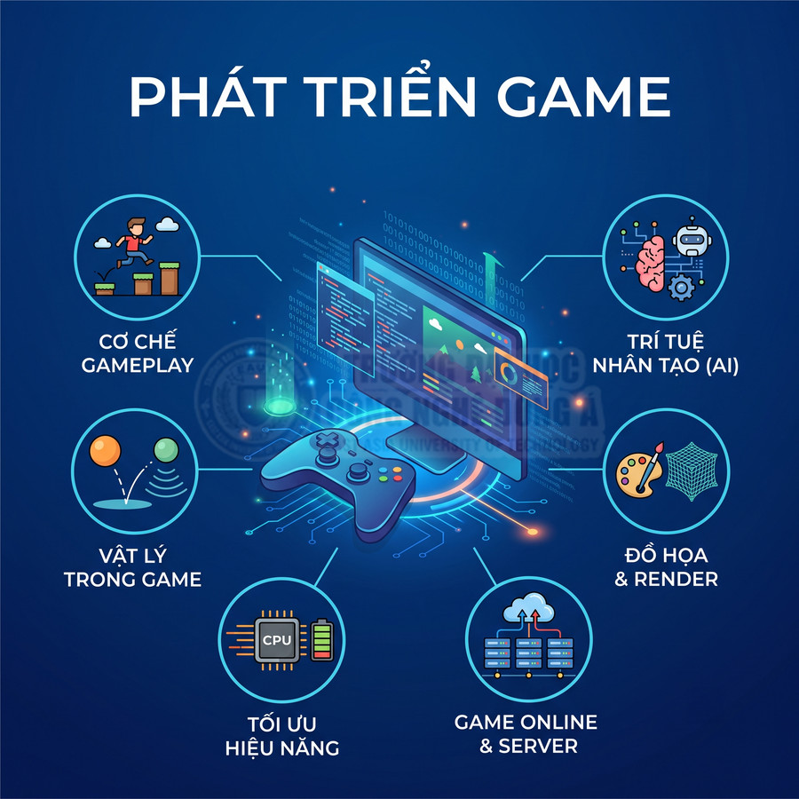 Minh họa phát triển game với tay cầm chơi game, màn hình code và các yếu tố gameplay, AI, đồ họa, tối ưu hiệu năng