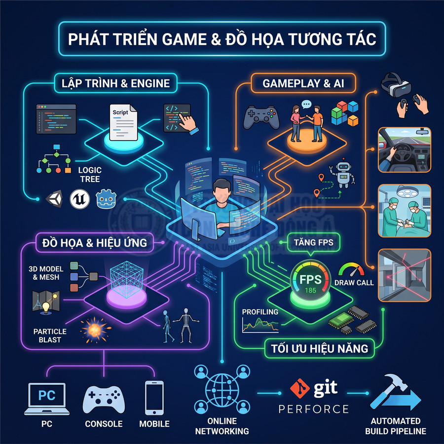 Infographic quy trình phát triển game và đồ họa tương tác với lập trình engine, gameplay AI, đồ họa 3D và tối ưu hiệu năng