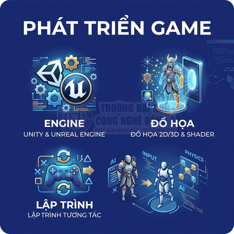 Poster giới thiệu khóa học phát triển game với Unity, Unreal Engine, đồ họa 2D 3D, lập trình tương tác và AI