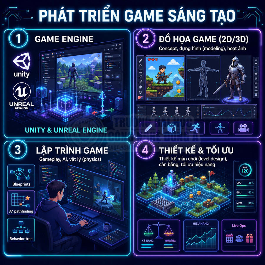 Quy trình phát triển game sáng tạo với Unity và Unreal Engine, gồm đồ họa 2D 3D, lập trình, thiết kế và tối ưu hóa