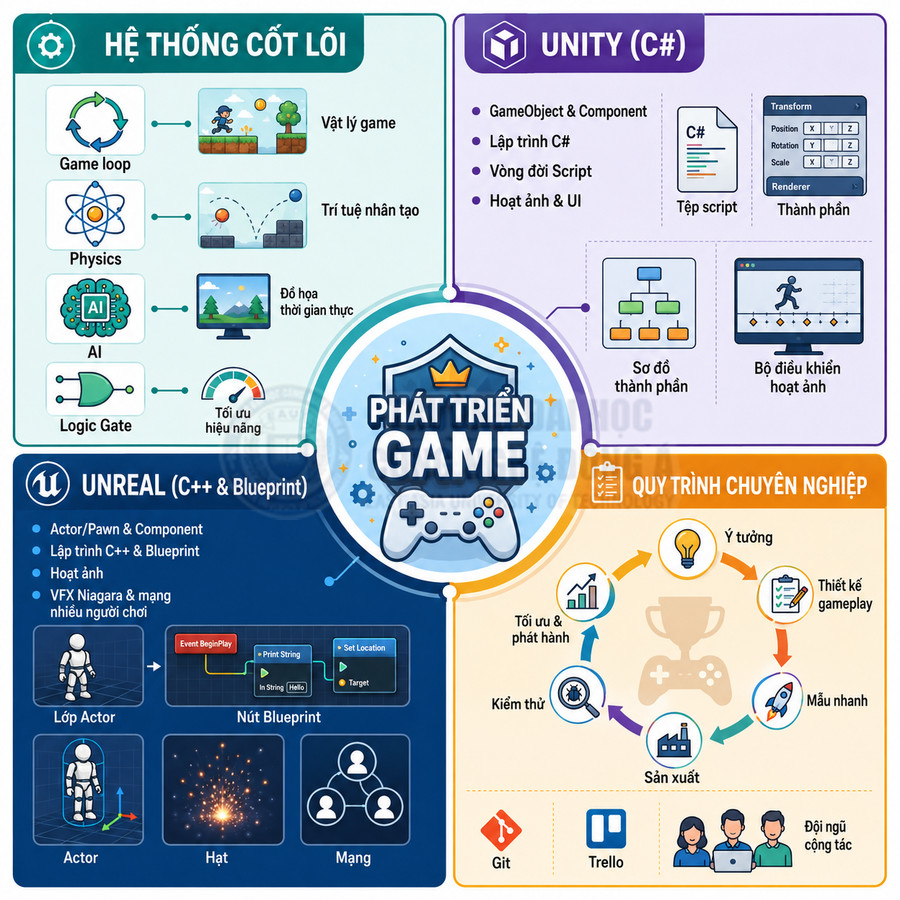 Infographic quy trình phát triển game với Unity, Unreal, hệ thống cốt lõi và các bước sản xuất chuyên nghiệp