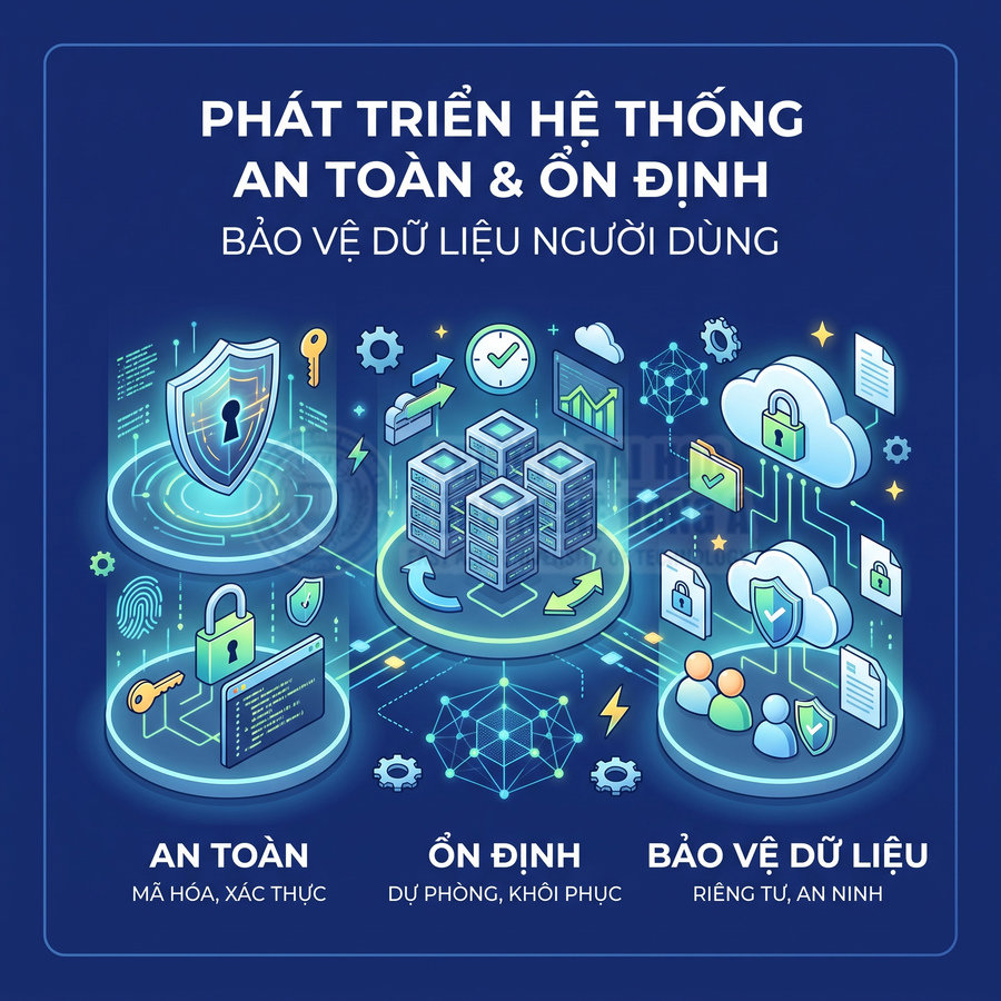 Minh họa hệ thống bảo mật dữ liệu với máy chủ, mã hóa, sao lưu và lưu trữ đám mây an toàn cho người dùng