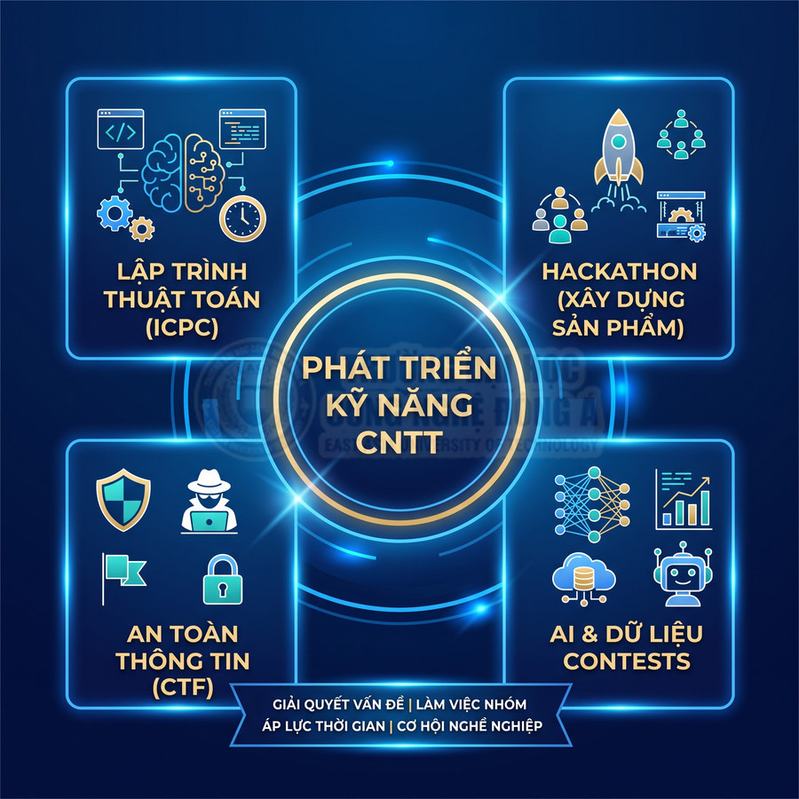 Poster phát triển kỹ năng CNTT với các mảng lập trình thuật toán, hackathon, an toàn thông tin, AI và dữ liệu contests