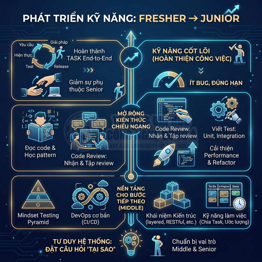 Sơ đồ phát triển kỹ năng lập trình viên từ fresher lên junior với các bước học code, review, test và tư duy hệ thống