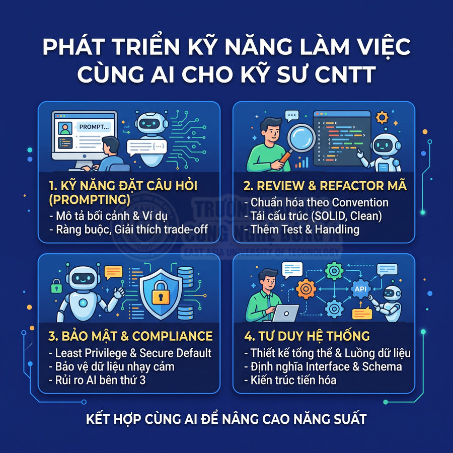 Poster kỹ năng làm việc với AI cho kỹ sư CNTT gồm prompting, review mã, bảo mật và tư duy hệ thống