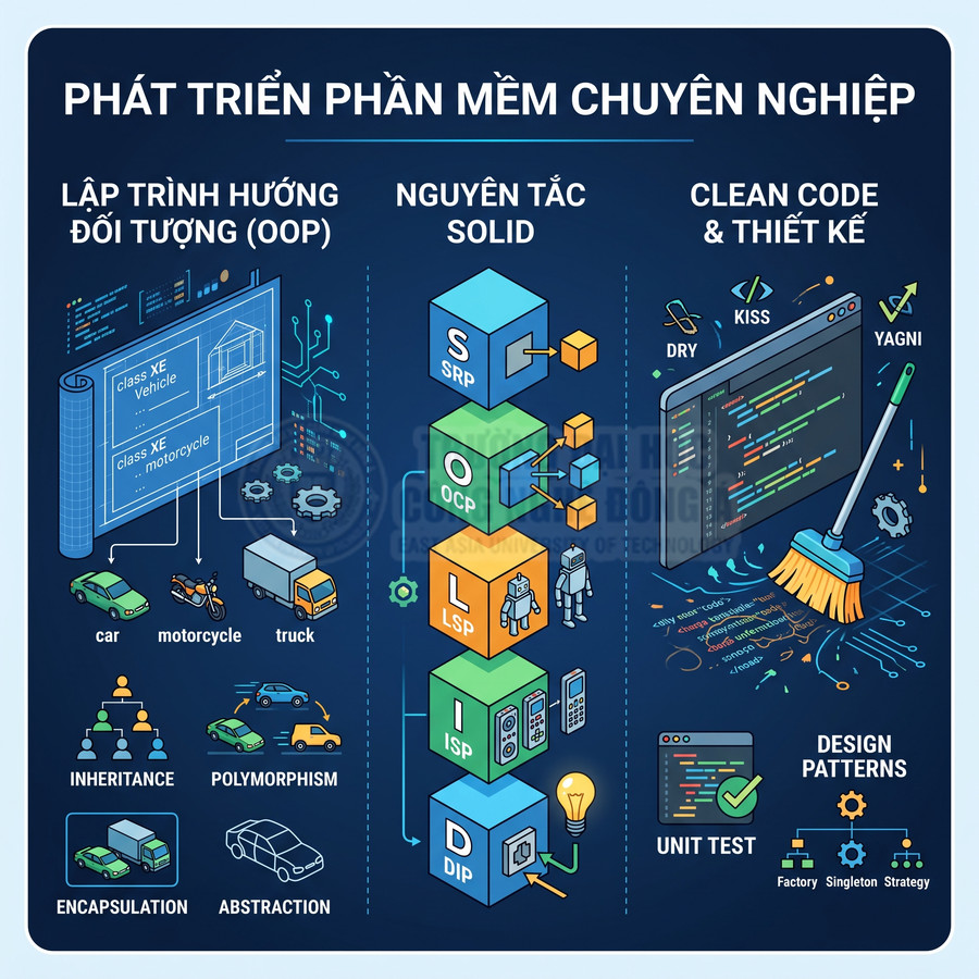 Minh họa nguyên tắc OOP, SOLID và clean code trong phát triển phần mềm chuyên nghiệp bằng đồ họa trực quan