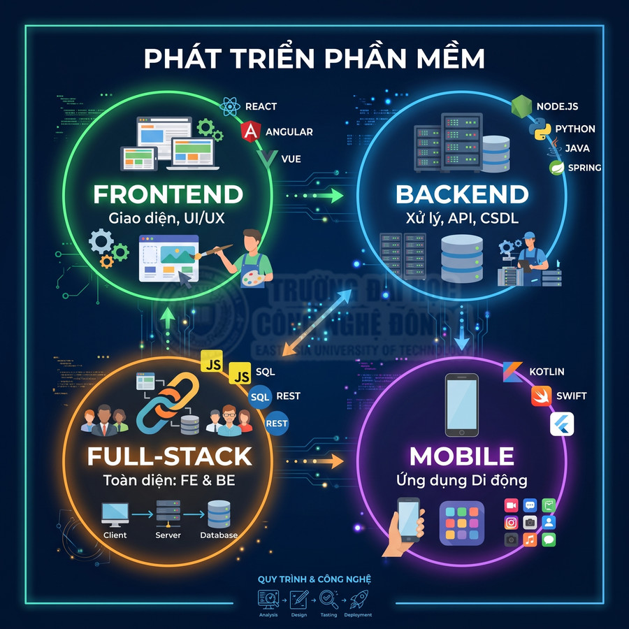 Sơ đồ các mảng phát triển phần mềm frontend backend full stack mobile và quy trình công nghệ