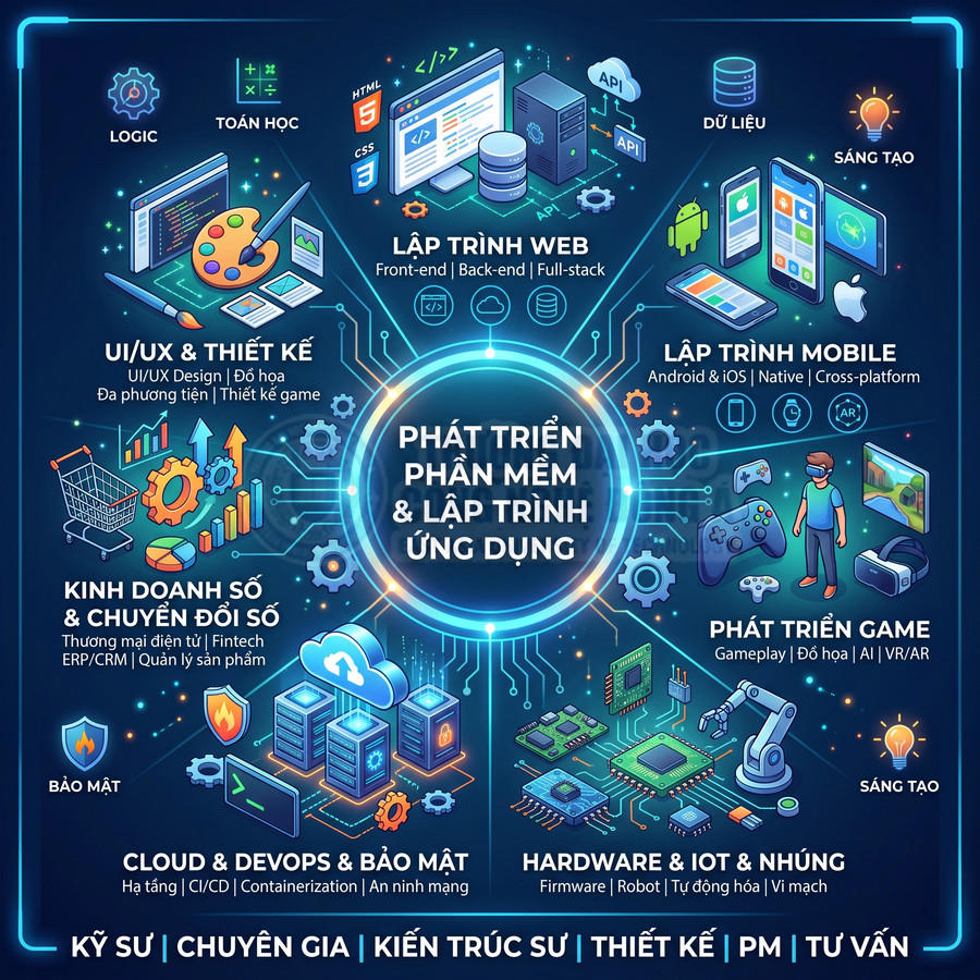 Các lĩnh vực phát triển phần mềm và lập trình ứng dụng như web, mobile, game, cloud, IoT, UIUX, kinh doanh số