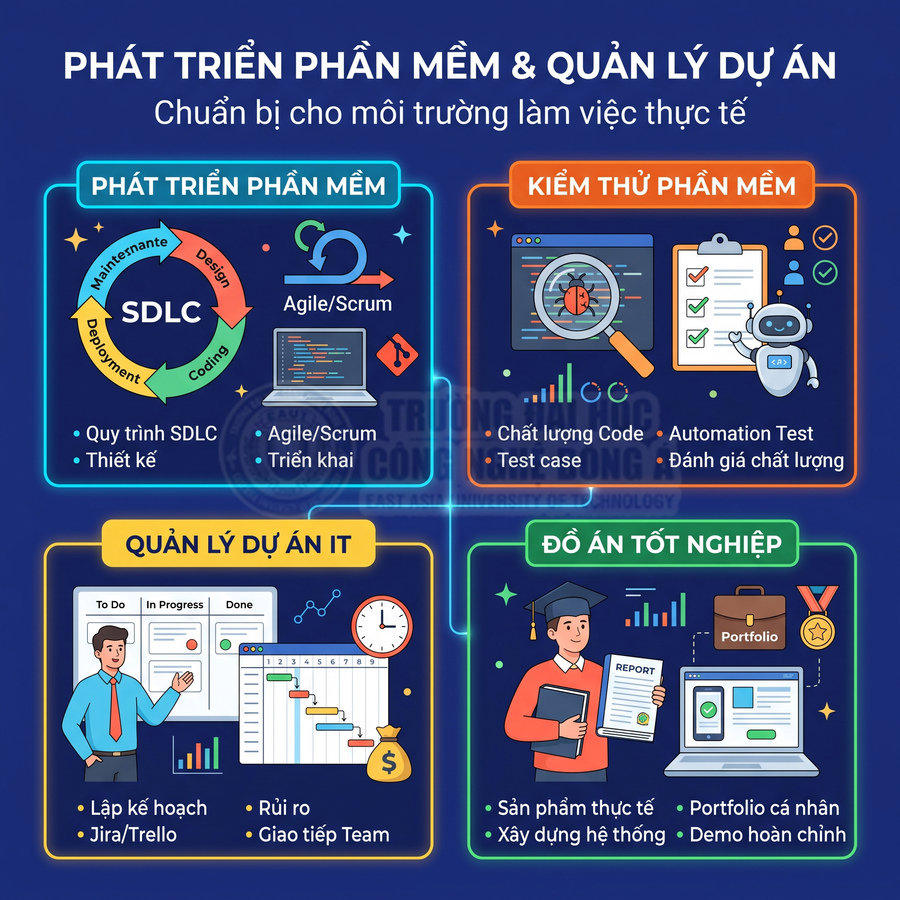 Chương trình đào tạo phát triển phần mềm, kiểm thử, quản lý dự án IT và làm đồ án tốt nghiệp thực tế