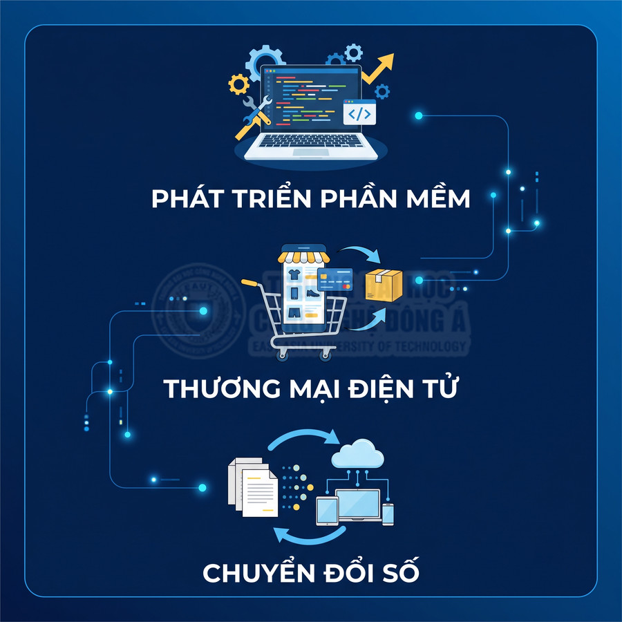 Phát triển phần mềm, thương mại điện tử và chuyển đổi số với biểu tượng laptop, giỏ hàng, đám mây