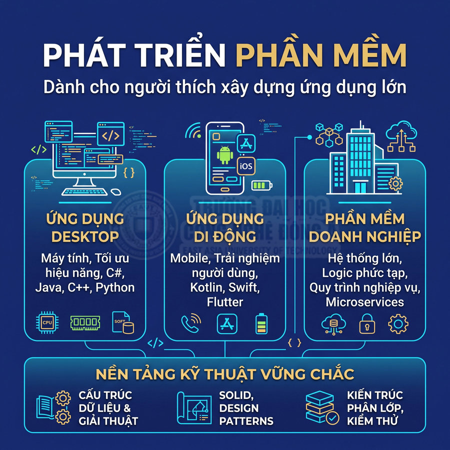 Poster giới thiệu ngành phát triển phần mềm với ứng dụng desktop, di động, doanh nghiệp và nền tảng kỹ thuật vững chắc