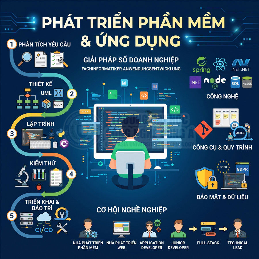Quy trình phát triển phần mềm và ứng dụng với lập trình viên làm việc trước màn hình máy tính
