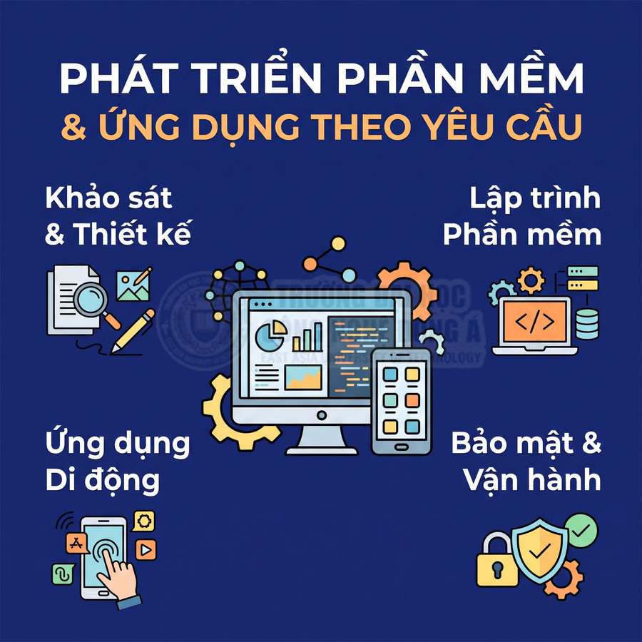 Dịch vụ phát triển phần mềm và ứng dụng theo yêu cầu với thiết kế, lập trình, ứng dụng di động, bảo mật và vận hành