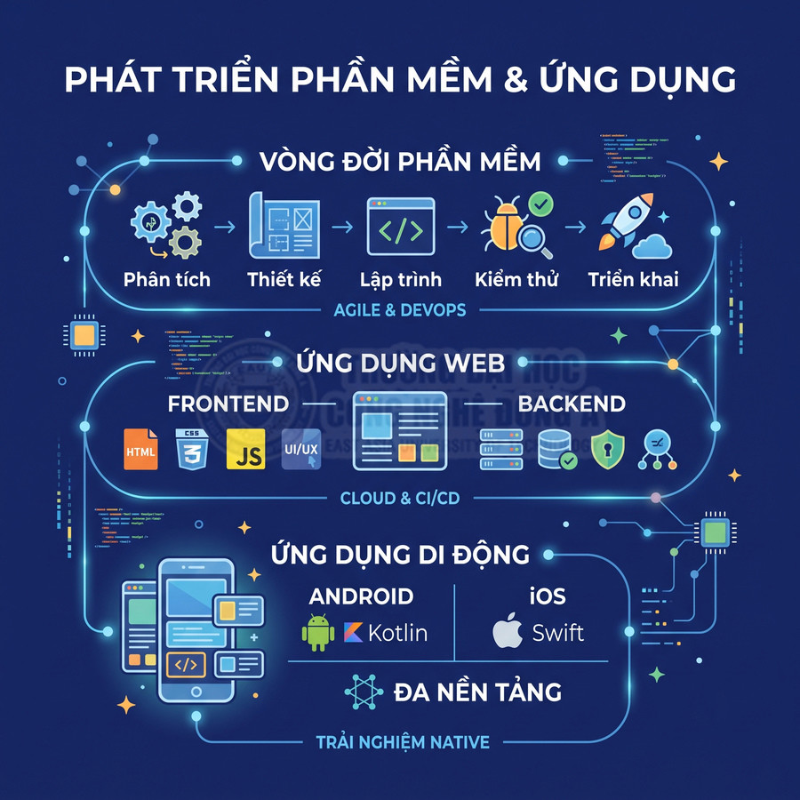 Mô hình phát triển phần mềm và ứng dụng web, di động Android Kotlin và iOS Swift với quy trình Agile DevOps