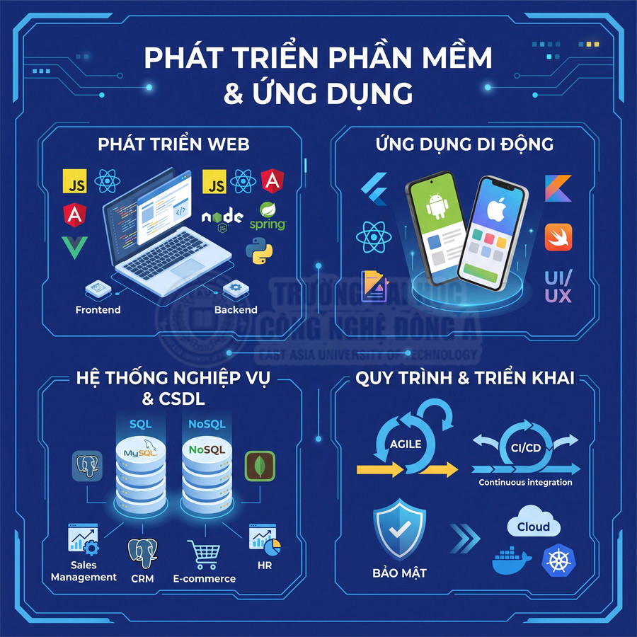 Mô hình phát triển phần mềm và ứng dụng với web, mobile, cơ sở dữ liệu, quy trình Agile và CI CD
