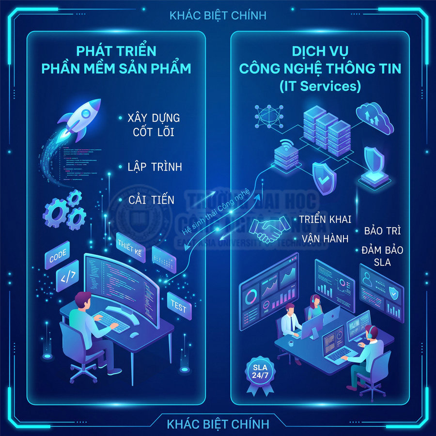 Minh họa so sánh phát triển phần mềm sản phẩm và dịch vụ công nghệ thông tin với lập trình viên làm việc trên máy tính