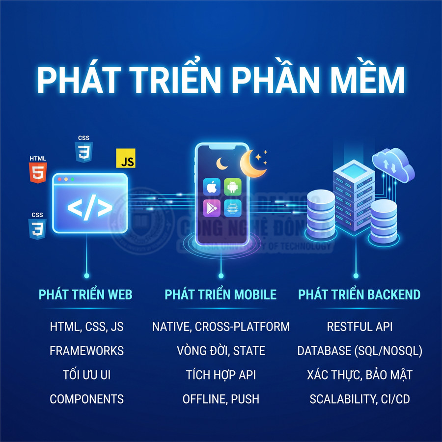 Mô tả khóa học phát triển phần mềm gồm web, mobile và backend với các công nghệ HTML CSS JS API database