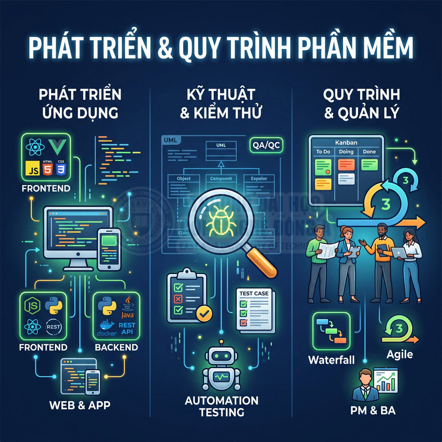 Quy trình phát triển phần mềm với frontend, backend, kiểm thử tự động, mô hình Waterfall và Agile, quản lý dự án