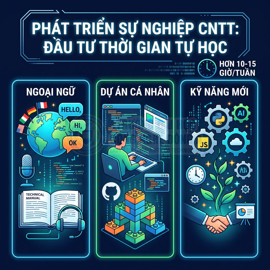 Infographic phát triển sự nghiệp CNTT với tự học ngoại ngữ, dự án cá nhân và kỹ năng mới như Python, JavaScript, AI