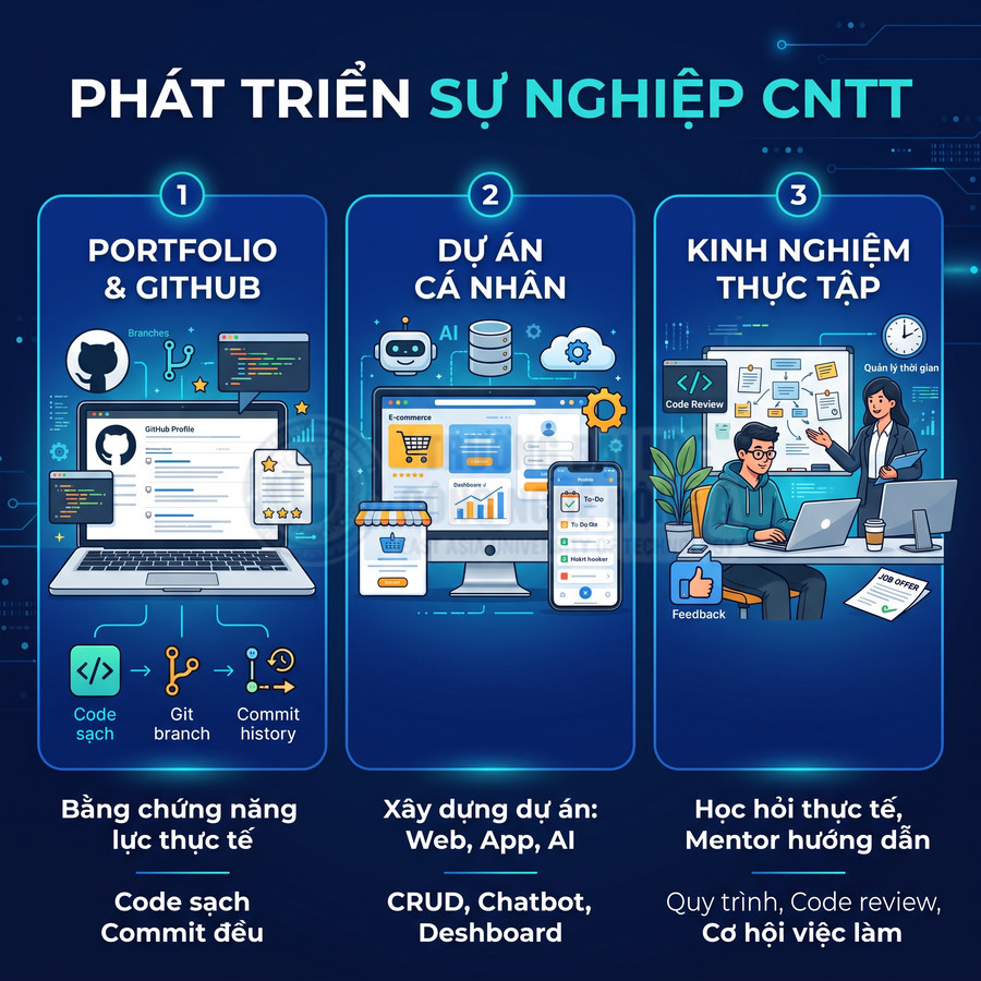 Hướng dẫn phát triển sự nghiệp CNTT với portfolio GitHub, dự án web app AI và kinh nghiệm thực tập code review