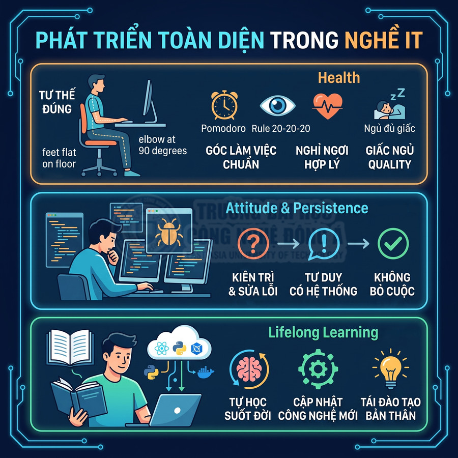 Infographic phát triển toàn diện trong nghề IT với tư thế làm việc, sức khỏe, thái độ kiên trì và học tập suốt đời