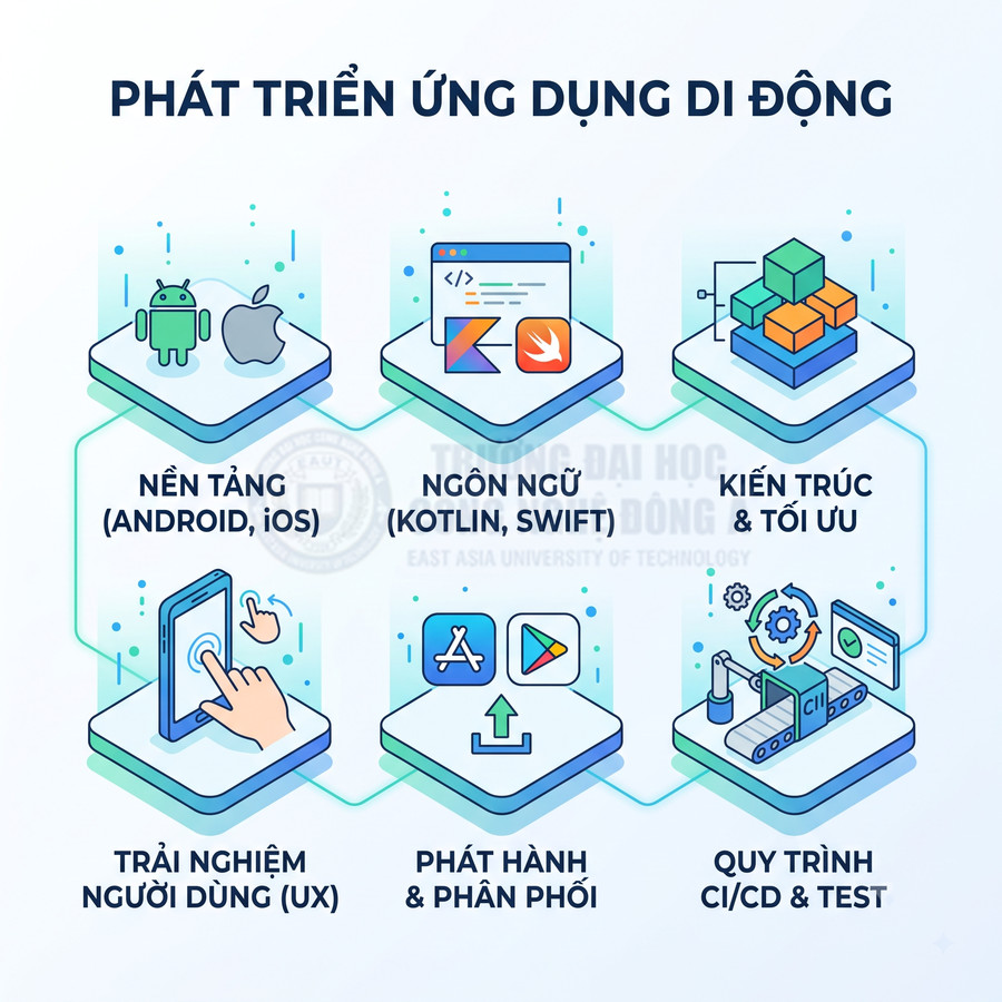 Sơ đồ các bước phát triển ứng dụng di động từ nền tảng, ngôn ngữ, kiến trúc đến UX, phát hành và quy trình CI CD