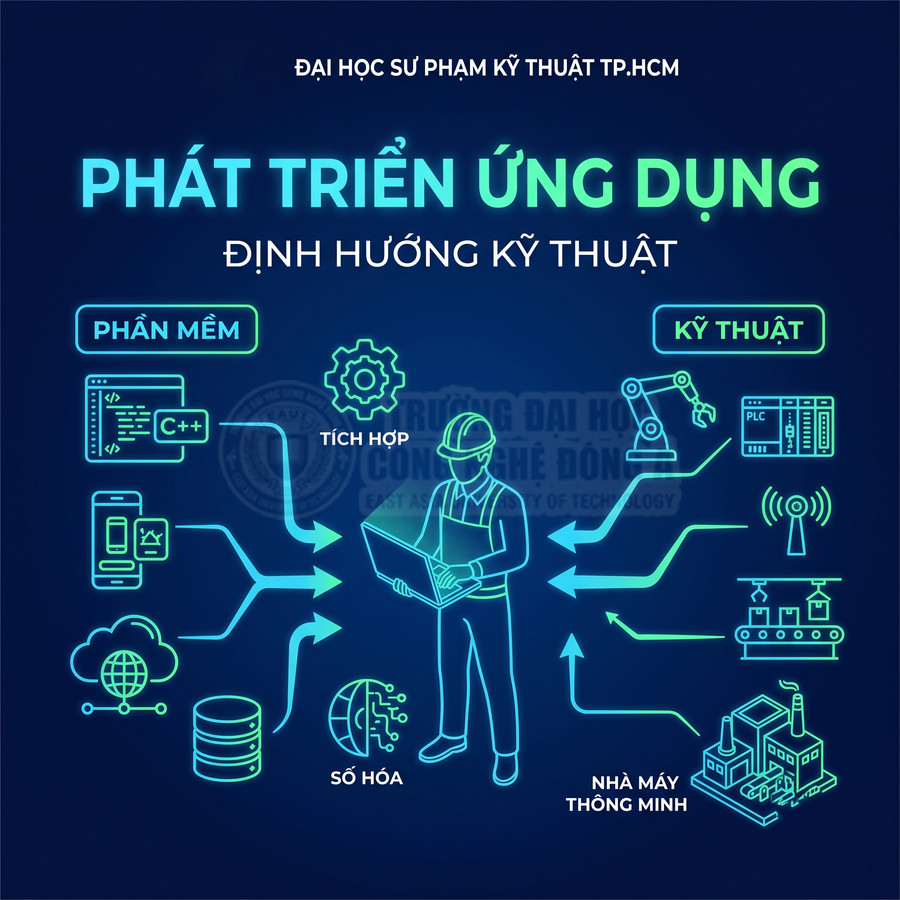 Poster phát triển ứng dụng định hướng kỹ thuật, minh họa kỹ sư lập trình tích hợp phần mềm và nhà máy thông minh