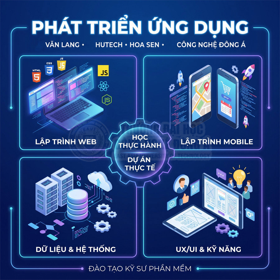 Poster khóa học phát triển ứng dụng gồm lập trình web, lập trình mobile, dữ liệu hệ thống và UX UI kỹ năng