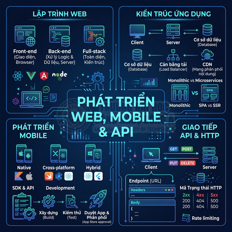 Sơ đồ tổng quan phát triển web mobile và API gồm lập trình front end back end kiến trúc ứng dụng và giao tiếp HTTP