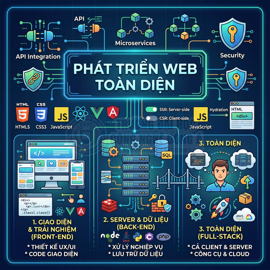 Mô hình phát triển web toàn diện full stack với front end back end bảo mật API và công nghệ cloud