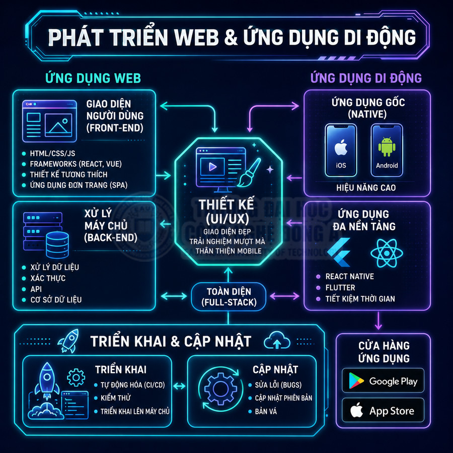 Sơ đồ quy trình phát triển web và ứng dụng di động từ front end, back end đến triển khai và phát hành app