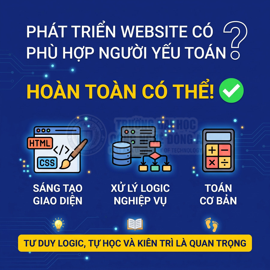 Banner giới thiệu học phát triển website cho người yếu toán, nhấn mạnh sáng tạo giao diện, xử lý logic nghiệp vụ và toán cơ bản