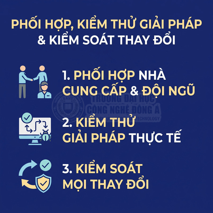 Phối hợp nhà cung cấp và đội ngũ, kiểm thử giải pháp thực tế, kiểm soát mọi thay đổi trong dự án công nghệ.
