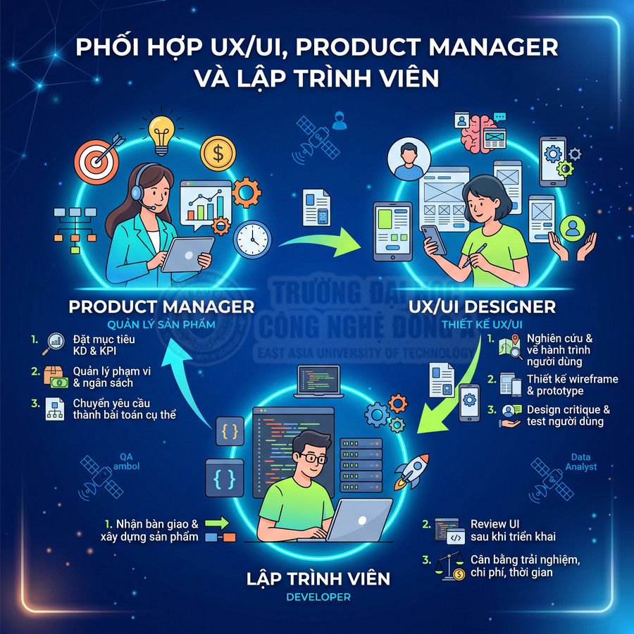 Mô tả quy trình phối hợp giữa product manager, UX UI designer và lập trình viên trong phát triển sản phẩm số