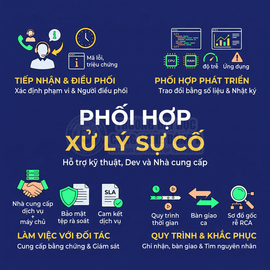 Quy trình phối hợp xử lý sự cố giữa bộ phận hỗ trợ kỹ thuật, nhà phát triển và nhà cung cấp dịch vụ, từ tiếp nhận đến khắc phục