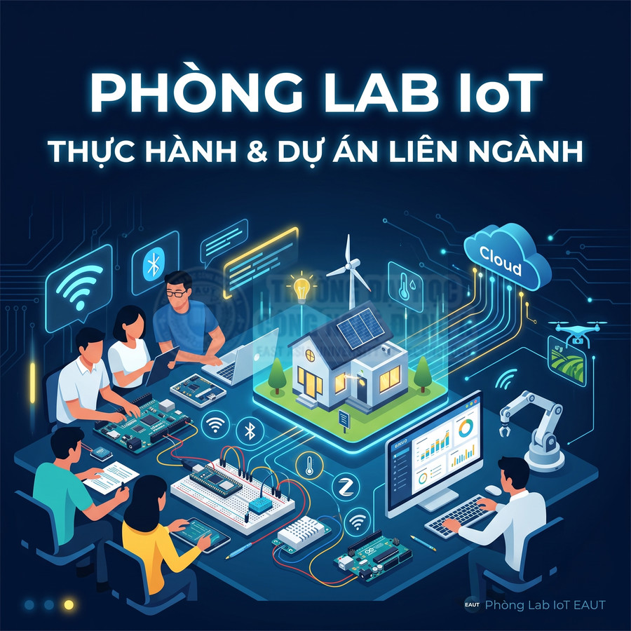 Sinh viên thực hành dự án nhà thông minh IoT với mạch điện tử, cảm biến và máy tính trong phòng lab
