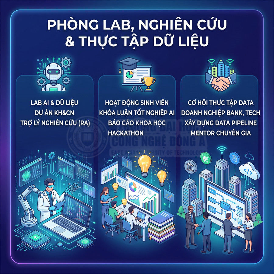 Poster giới thiệu phòng lab AI, nghiên cứu và thực tập dữ liệu với sinh viên làm dự án, báo cáo khoa học và thực tập doanh nghiệp