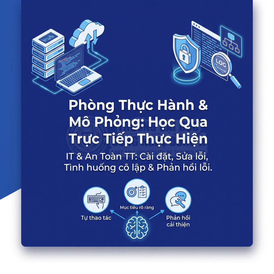 Poster khóa học thực hành IT và an toàn thông tin với hình minh họa máy chủ, máy tính và bảo mật dữ liệu